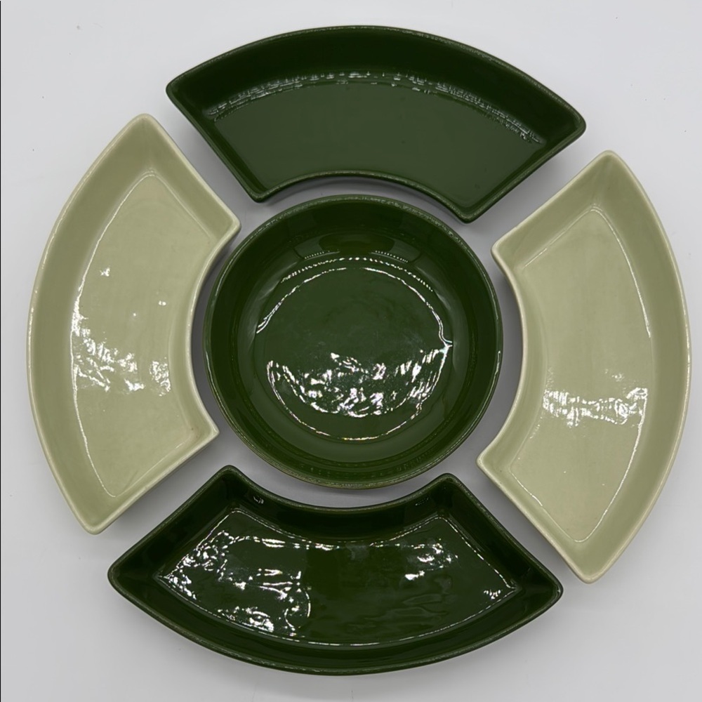 Vintage Libby Glass Green Pottery Large Divided Relish Tray Dish MCM